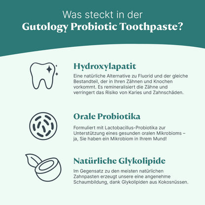Gutology Zahnpasta, natürlich, probiotisch, Hydroxyapatit, orale Probiotika, Aufhellung, Remineralisierung, bei empfindlichen Zähnen