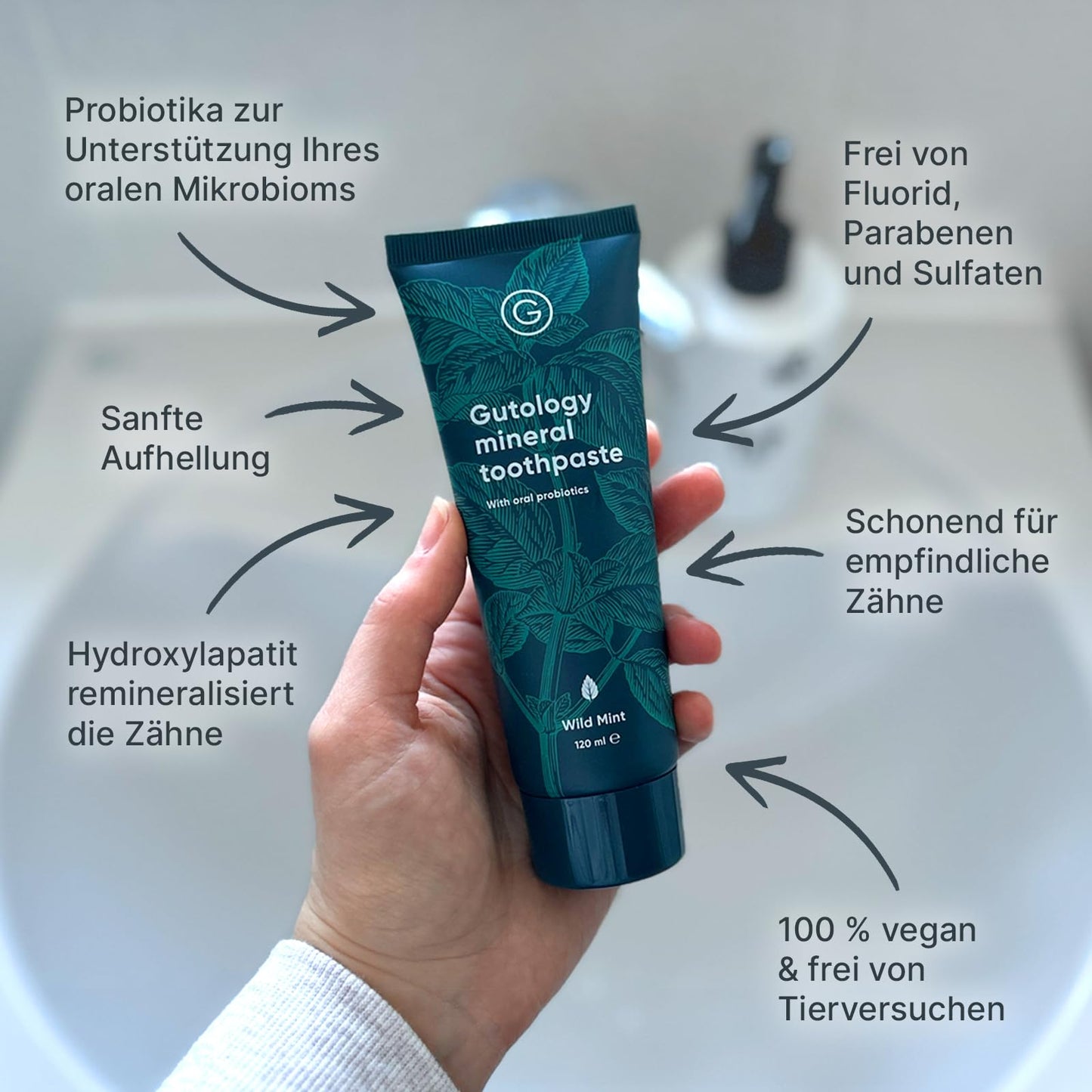 Gutology Zahnpasta, natürlich, probiotisch, Hydroxyapatit, orale Probiotika, Aufhellung, Remineralisierung, bei empfindlichen Zähnen