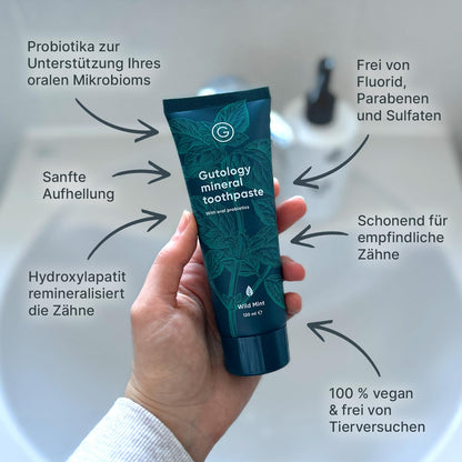 Gutology Zahnpasta, natürlich, probiotisch, Hydroxyapatit, orale Probiotika, Aufhellung, Remineralisierung, bei empfindlichen Zähnen