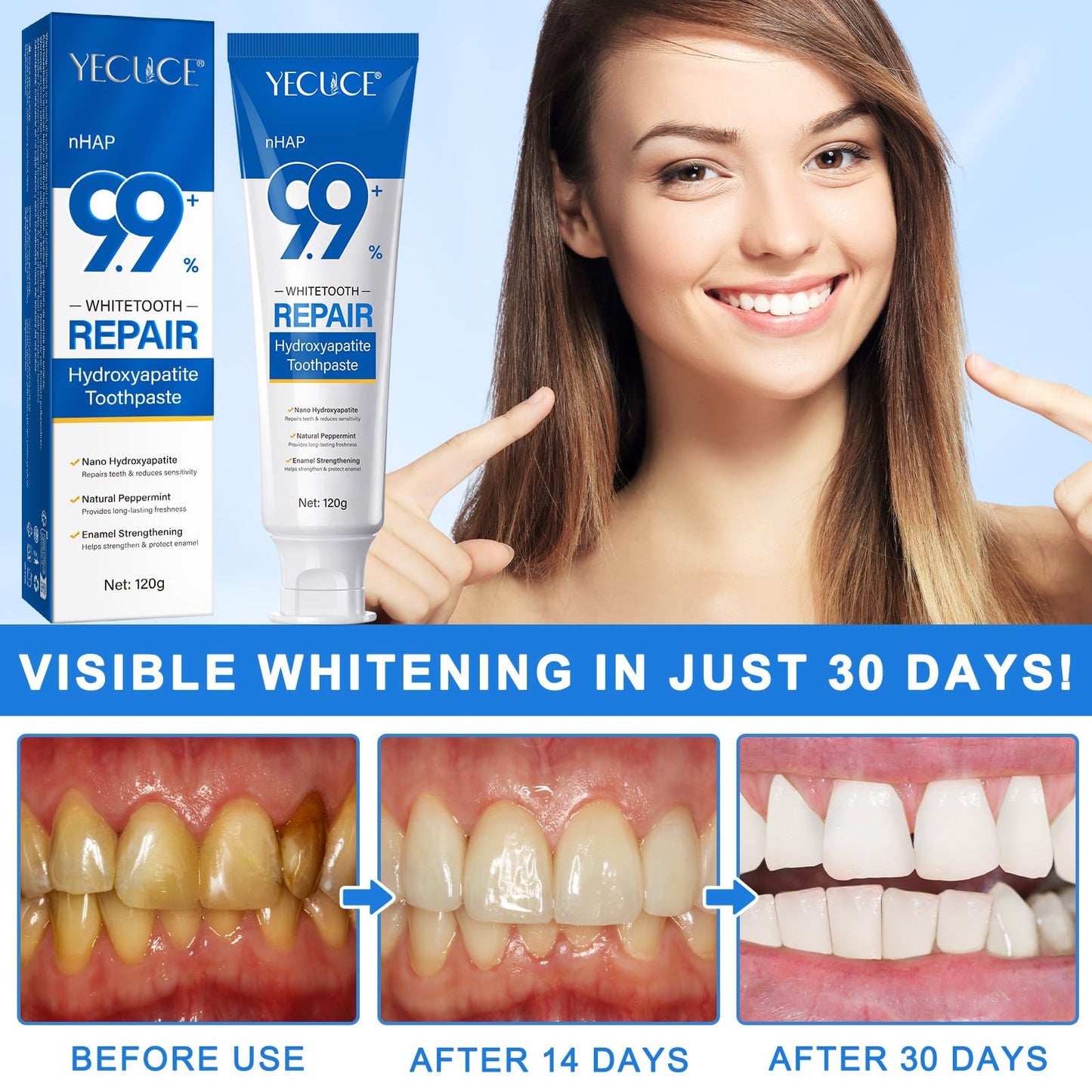 2PCS 9.9% Hydroxylapatit Zahnpasta zur Reparatur Zahnschmelzes und Stärkung Zähne, Nano Hydroxylapatit Remineralisierung Zahnpasta, Fluoridfreie, aufhellende Zahncreme für empfindliche Zähne, Minze