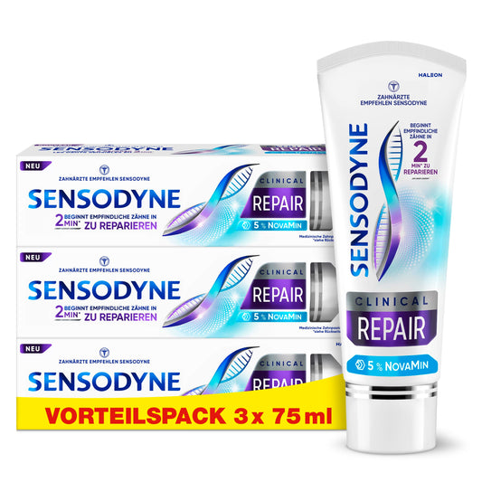 Zahnpasta - Sensodyne Clinical Repair, Zahncreme für empfindliche Zähne mit 5 % NovaMin, für langanhaltende Linderung, 3x75ml
